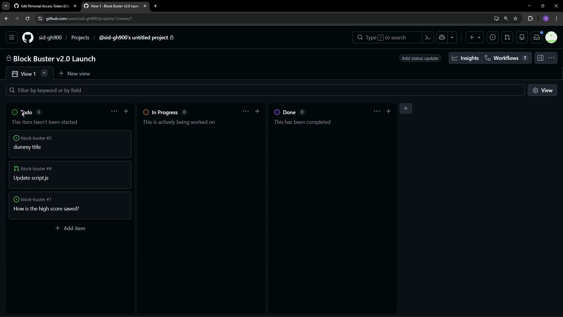The image shows a GitHub project view with columns for "Todo," "In Progress," and "Done," displaying tasks related to "Block Buster v2.0 Launch." The "Todo" column has three tasks listed, while the other columns are empty.