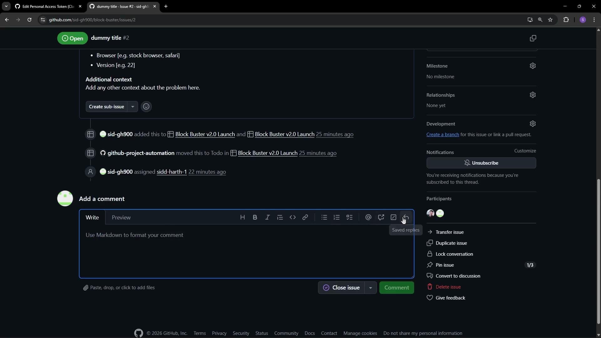 This image shows a GitHub issue page titled "dummy title #2," with options to add a comment, manage notifications, and track related activity. The interface includes buttons for editing and managing the issue.