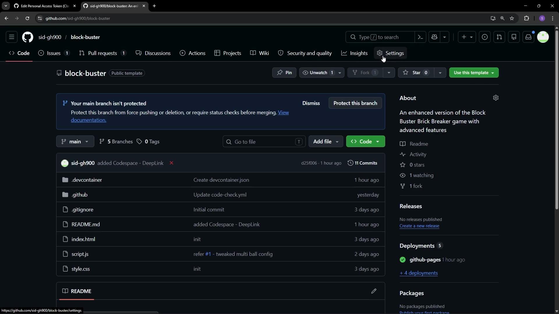 The image shows a GitHub repository page for a project called "block-buster," which appears to be an enhanced version of a Brick Breaker game. The page lists several files, including index.html, script.js, and style.css, and mentions recent commits.