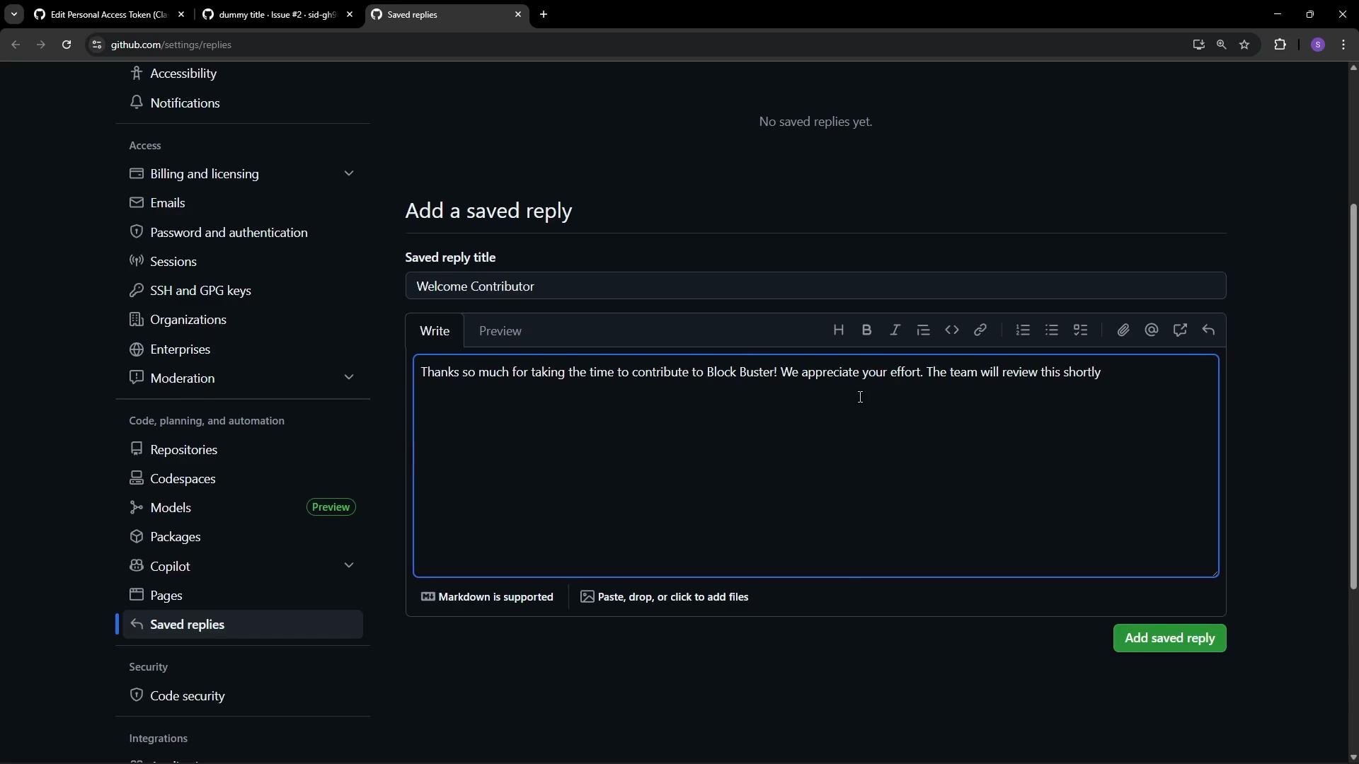 The image shows a GitHub settings page where a user is adding a "Saved Reply" with the title "Welcome Contributor." The text box includes a thank-you message for contributors.