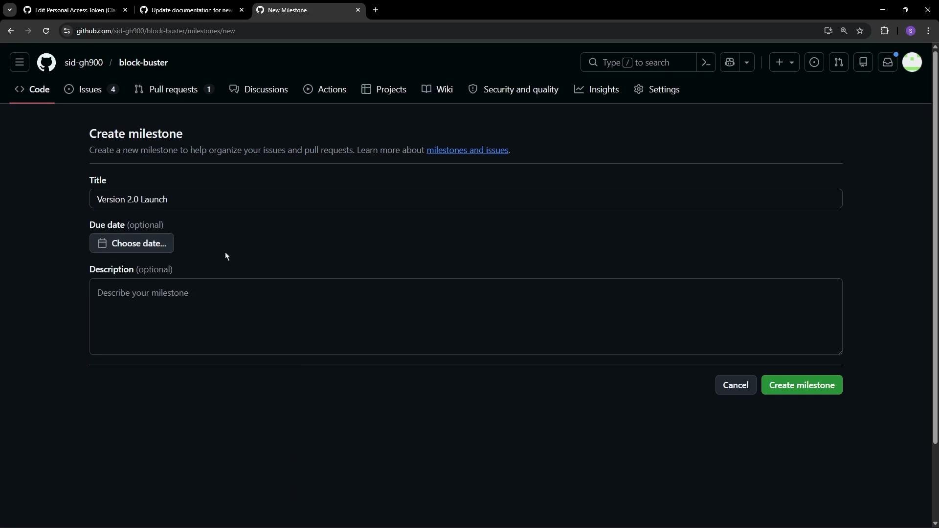 The image shows a GitHub interface where a user is creating a milestone titled "Version 2.0 Launch," with fields for a due date and description.