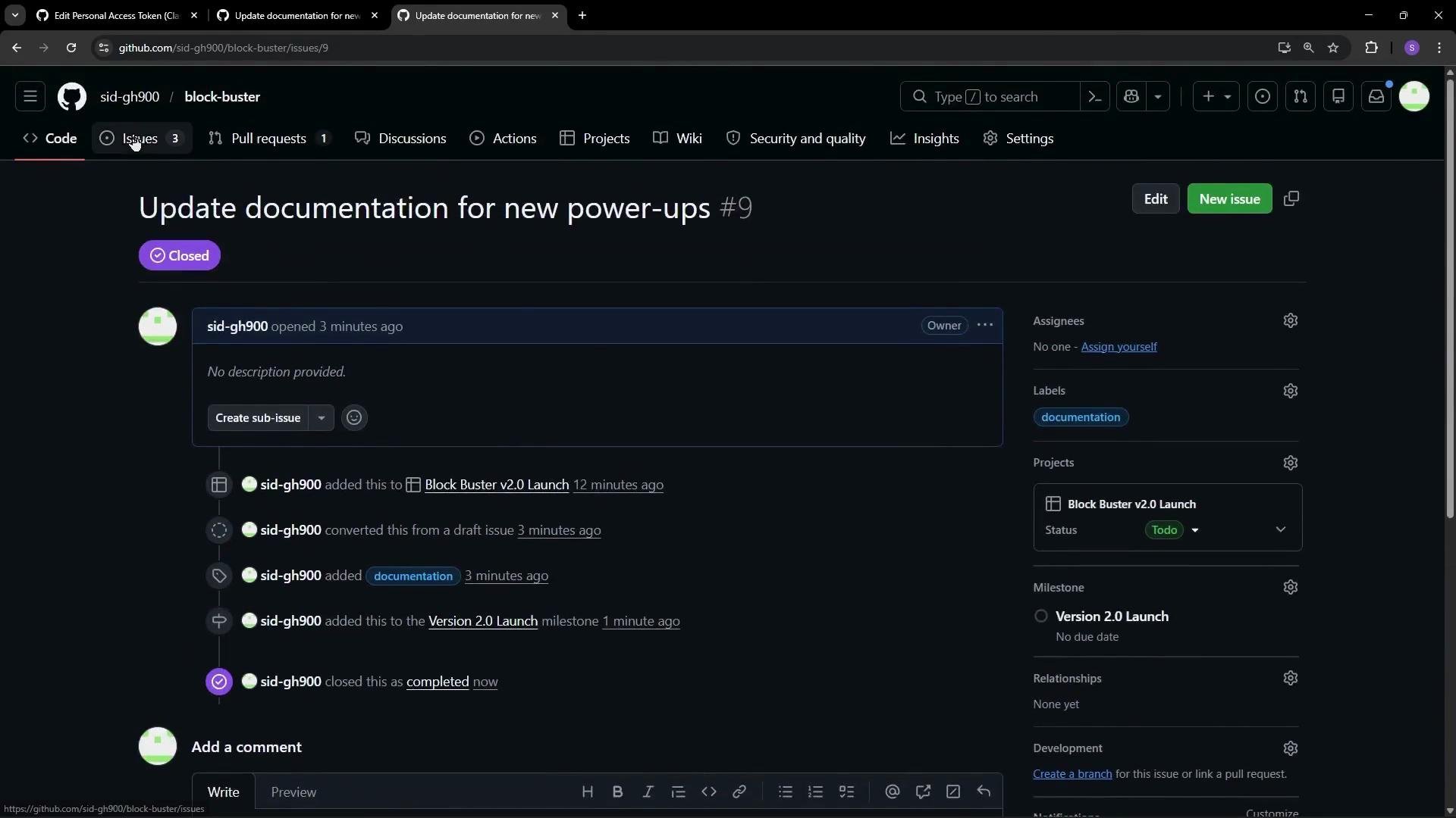 The image shows a GitHub issue page titled "Update documentation for new power-ups #9," which is marked as closed. It includes activity details like issue creation, label assignments, and milestone additions.