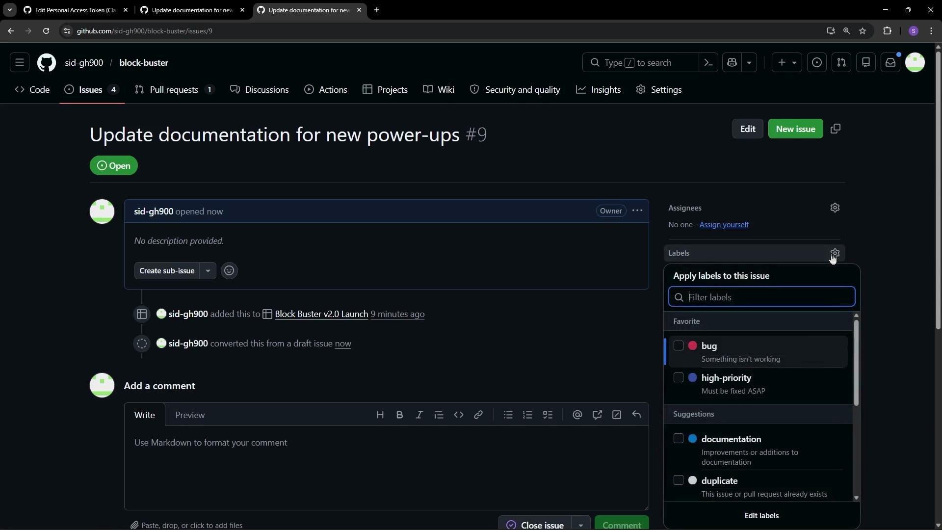 The image shows a GitHub issue page titled "Update documentation for new power-ups," with options to add comments, labels, and assign the issue. A dropdown menu for label application is open, showing various label options like "bug" and "high-priority."