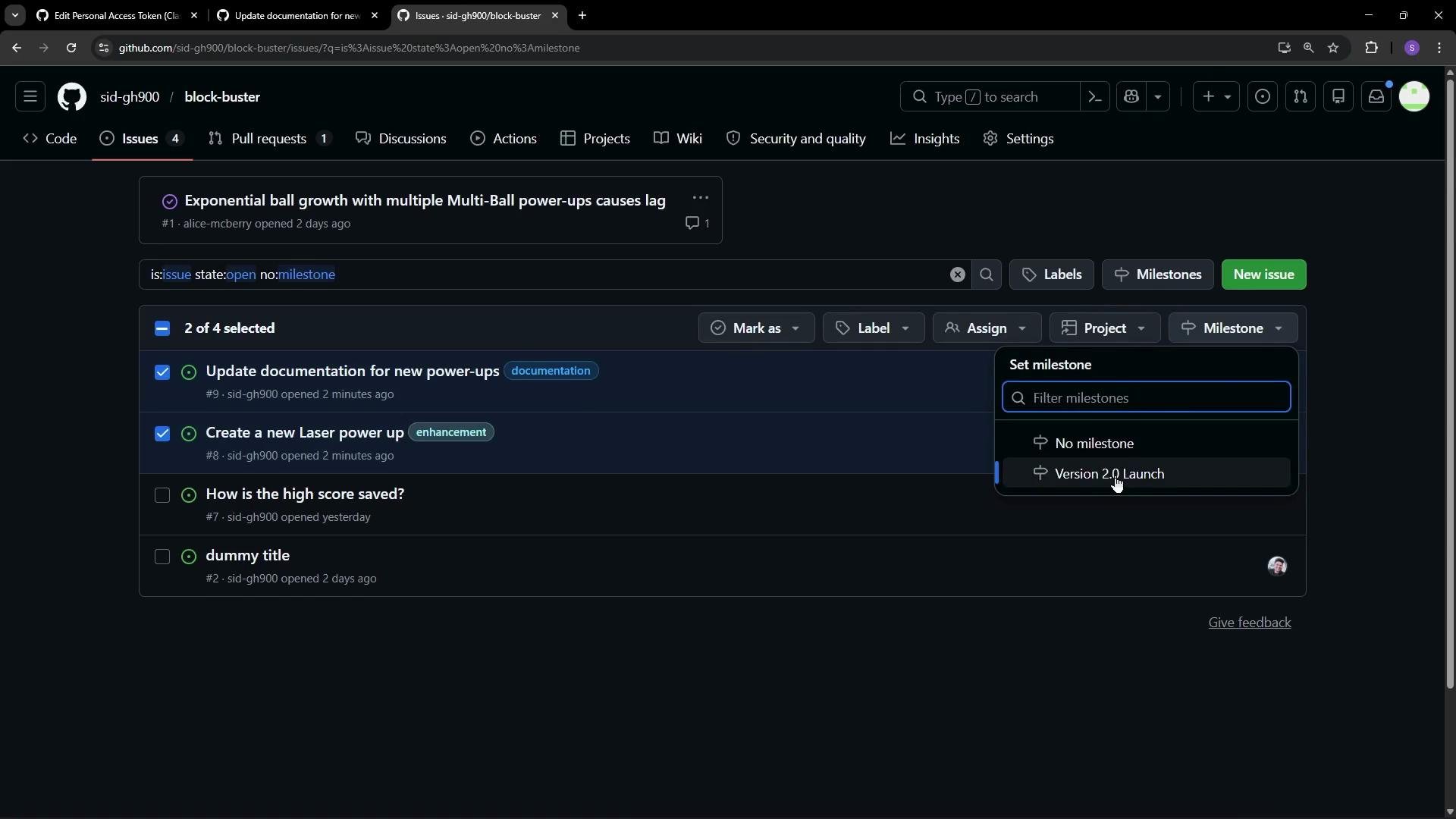 This image shows a GitHub interface with a list of issues for a project. Two issues are selected, and a milestone option for "Version 2.0 Launch" is being highlighted.