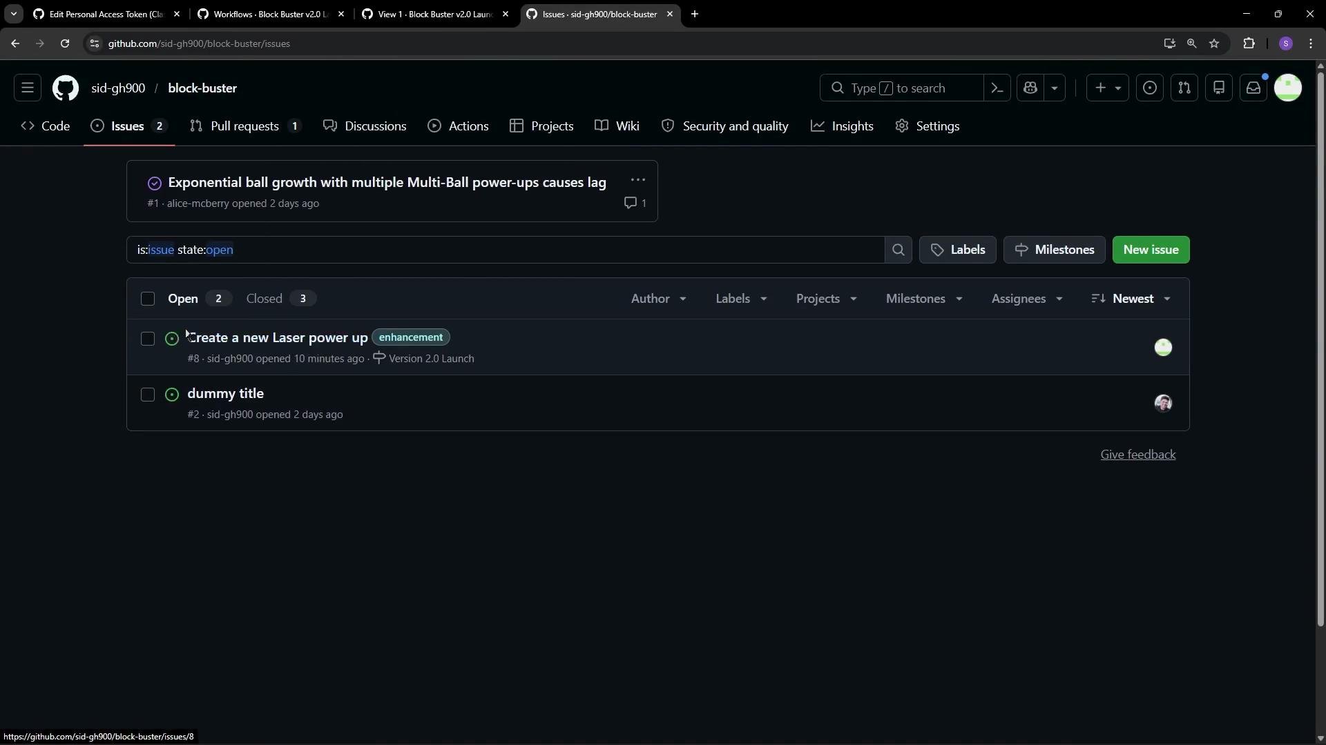 The image shows a GitHub issues page for the repository "block-buster" with open issues, including "Create a new Laser power up" labeled as an enhancement.