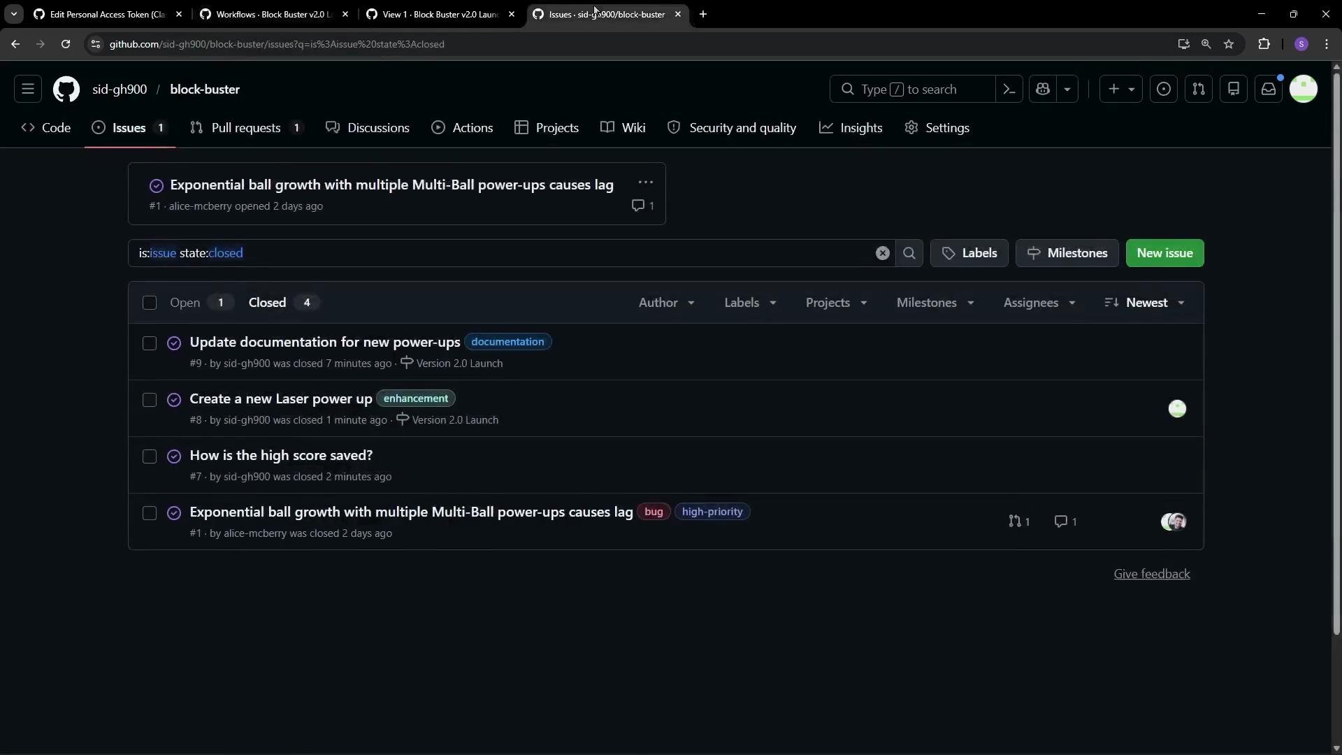 The image shows a GitHub Issues page for the repository "block-buster," listing closed issues related to power-ups and performance, with labels like "documentation" and "enhancement."