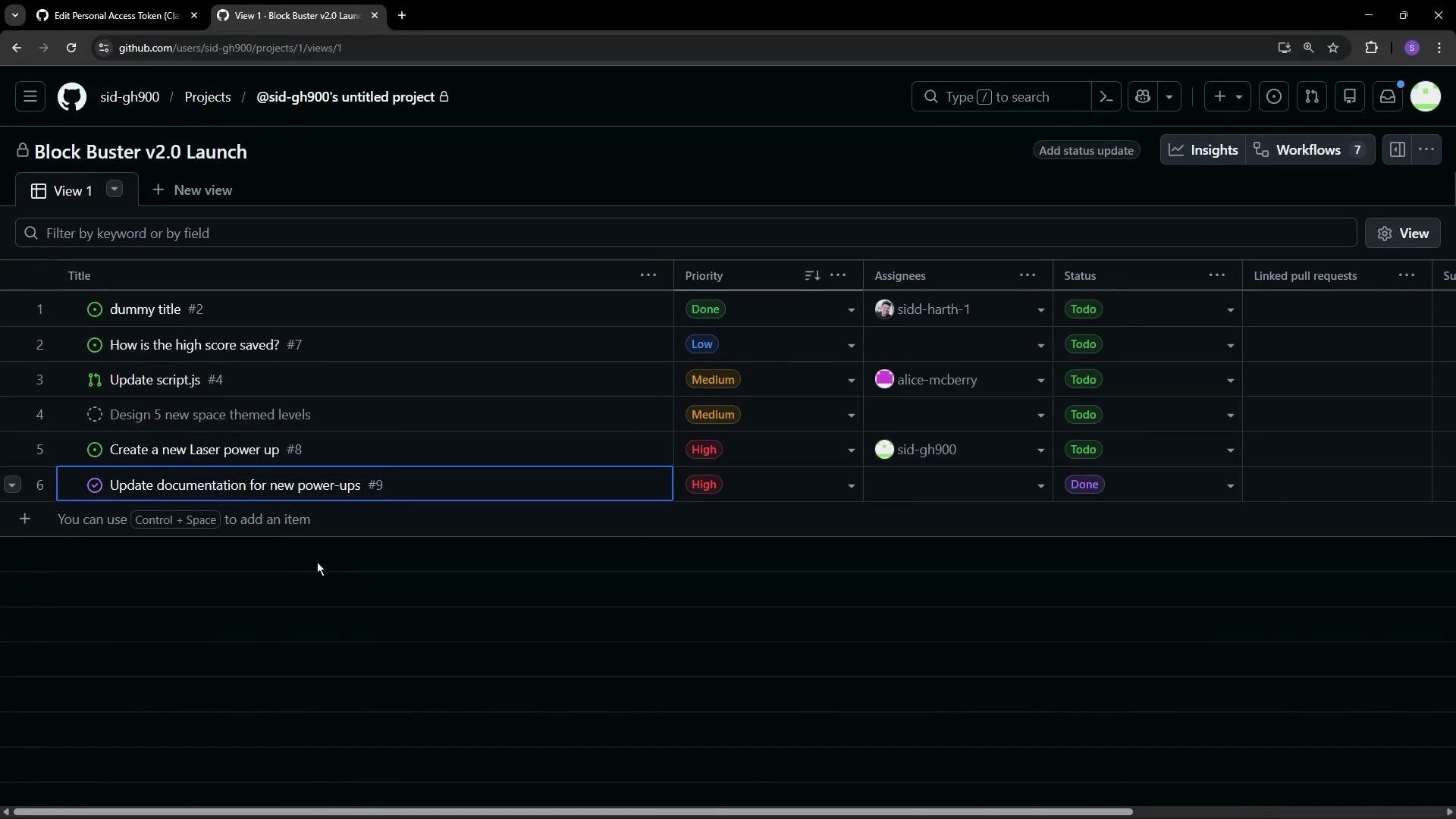 The image shows a GitHub project board titled "Block Buster v2.0 Launch," listing tasks with priorities, assignees, and statuses.