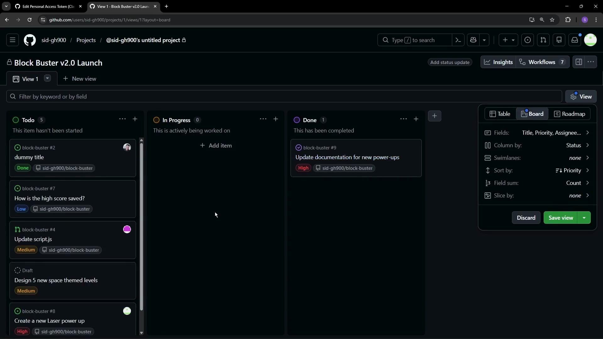 The image shows a project management board on GitHub with columns for "Todo," "In Progress," and "Done," displaying tasks with different priorities.