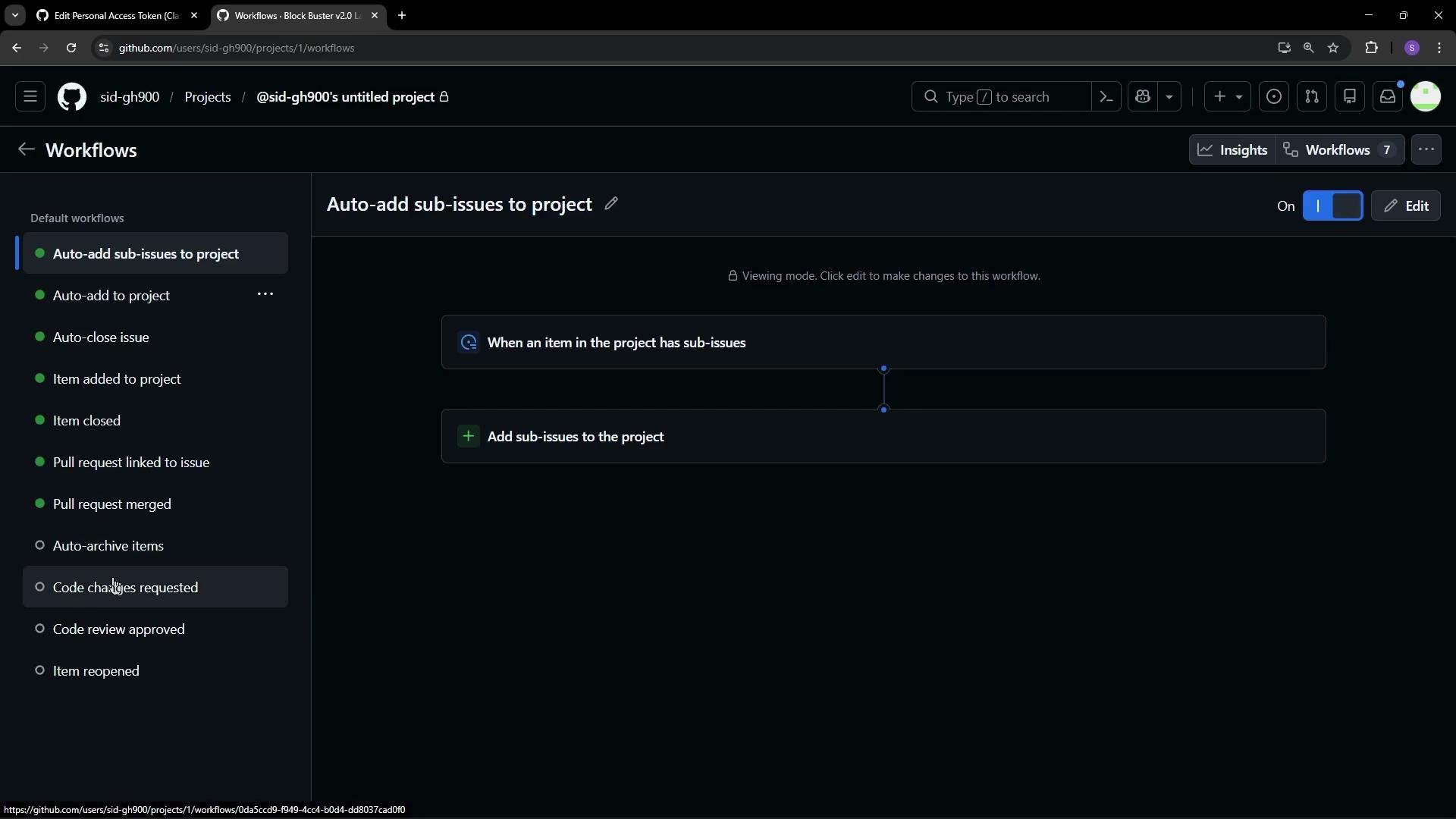 The image shows a GitHub project workflow interface with various workflow options listed on the left sidebar and a specific workflow titled "Auto-add sub-issues to project" displayed on the right.