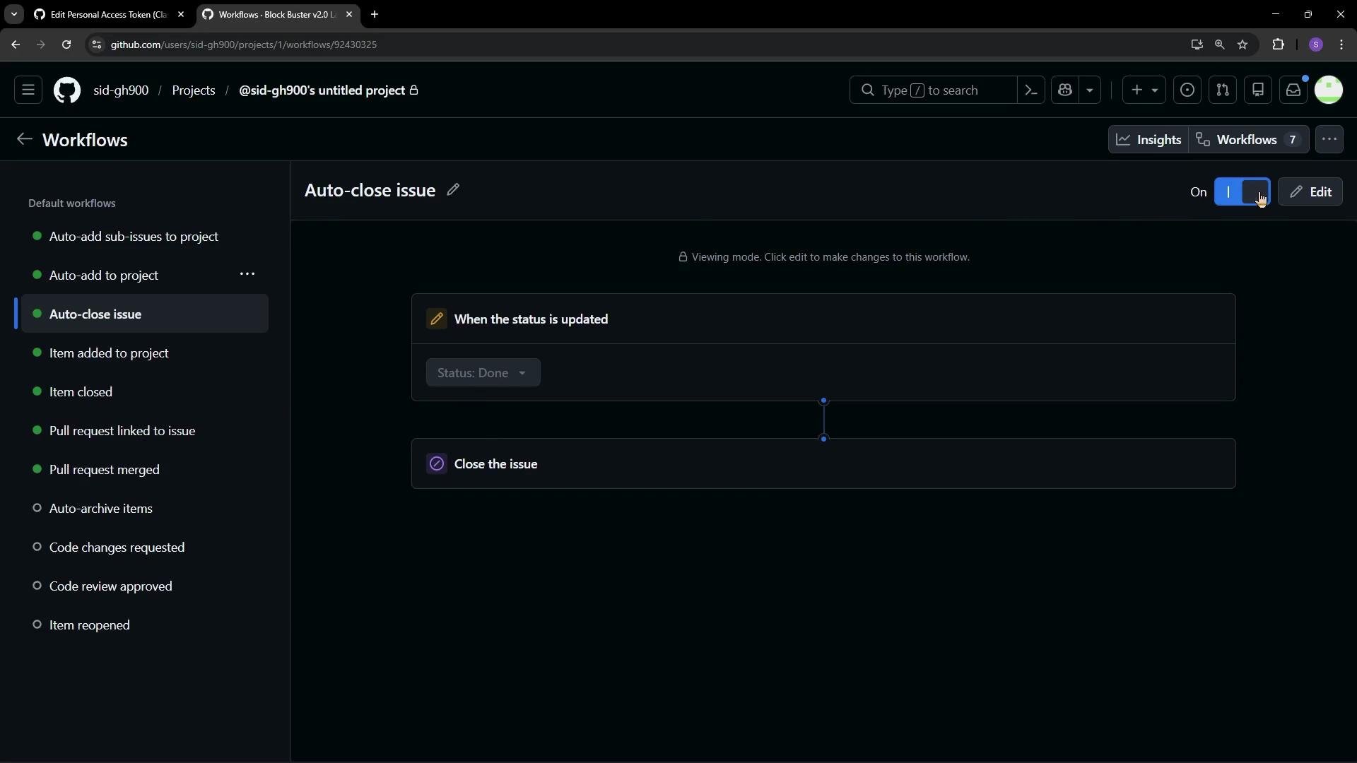The image shows a GitHub interface displaying a workflow titled "Auto-close issue," where the action is set to close the issue when the status is updated to "Done".