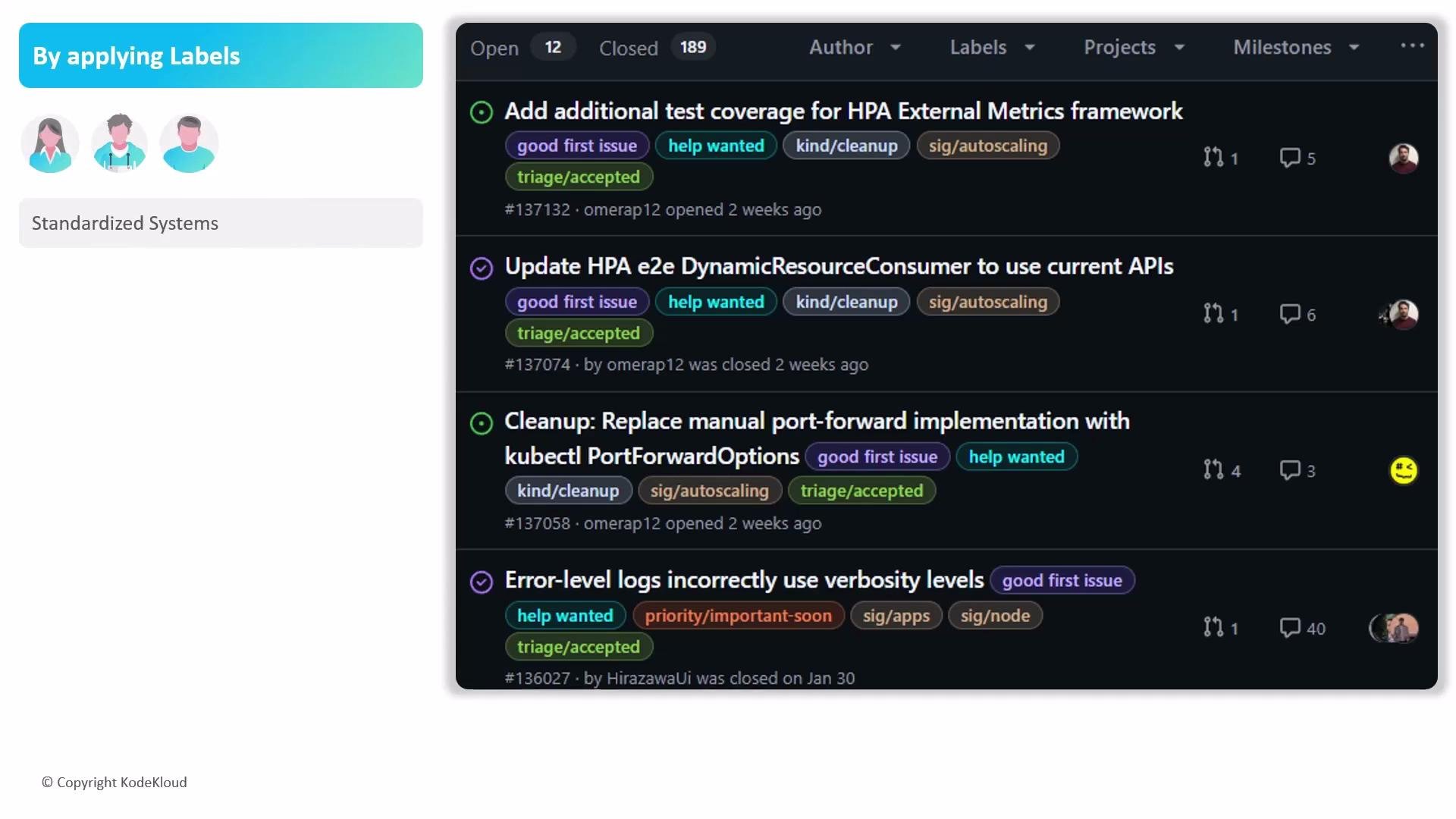 The image shows a task management system interface with open and closed issues, each labeled with descriptions like "good first issue" and "help wanted." The interface includes filters for "Open" and "Closed" issues, author details, and milestones.
