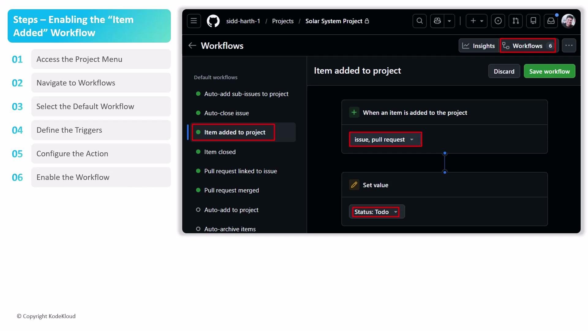 The image shows steps to enable the "Item Added" workflow in a project management interface, alongside a screenshot of a workflow setup for adding an item to a project.