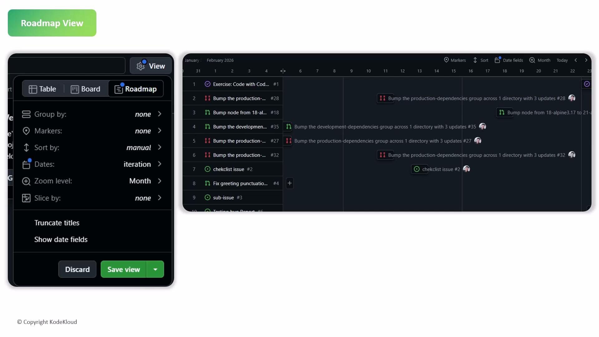 The image shows a "Roadmap View" interface with filtering and sorting options on the left, and a timeline of tasks or issues on the right, dated from January to February 2026.