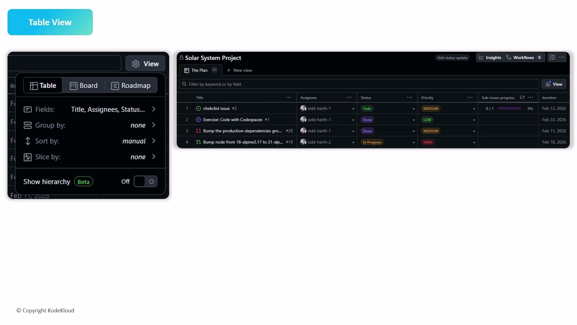 The image shows a project management interface titled "Solar System Project" with task details, assignees, status, priority, and progress. There is also a sidebar menu for adjusting table views and sorting options.