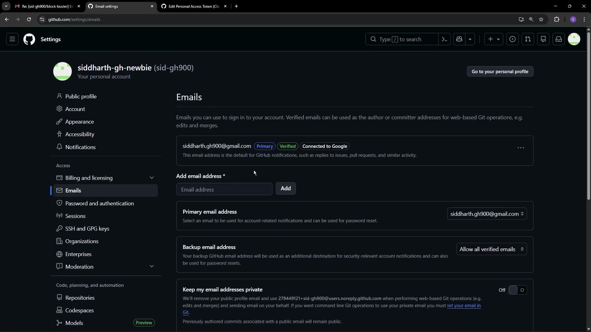 This image shows the email settings page of a GitHub account, where a verified email address is connected to Google. Various options for managing emails and privacy settings are visible.