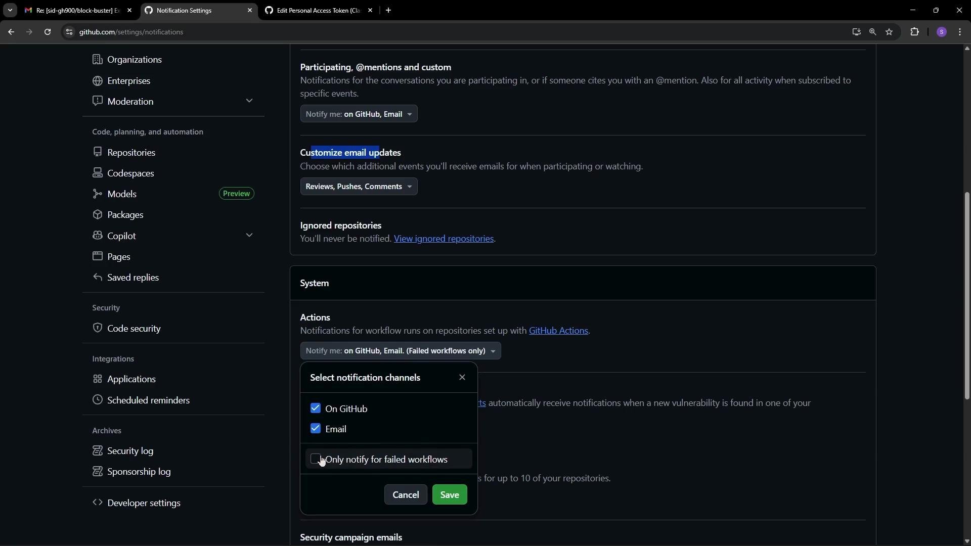The image shows a GitHub notification settings page, where options like email updates and notification channels for repositories are customizable. There is a pop-up open for selecting notification channels with options for GitHub and email.