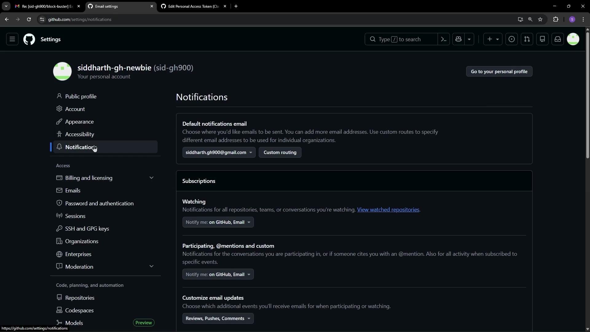 The image shows the notifications settings page of a GitHub account, where various email notification preferences and subscriptions are being managed.