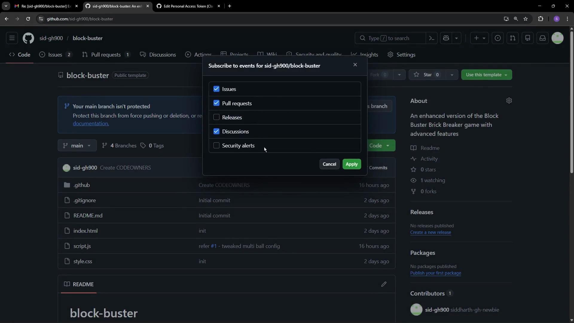 The image shows a GitHub repository page titled "block-buster" with a popup window for subscribing to repository events like issues, pull requests, releases, and discussions.