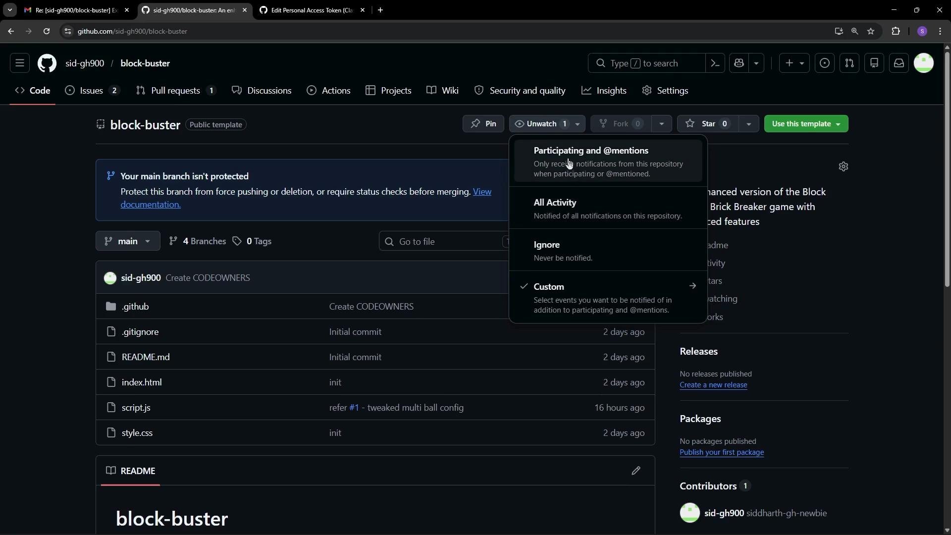The image shows a GitHub repository page named "block-buster" with the files and directories listed, along with a notification settings menu open.