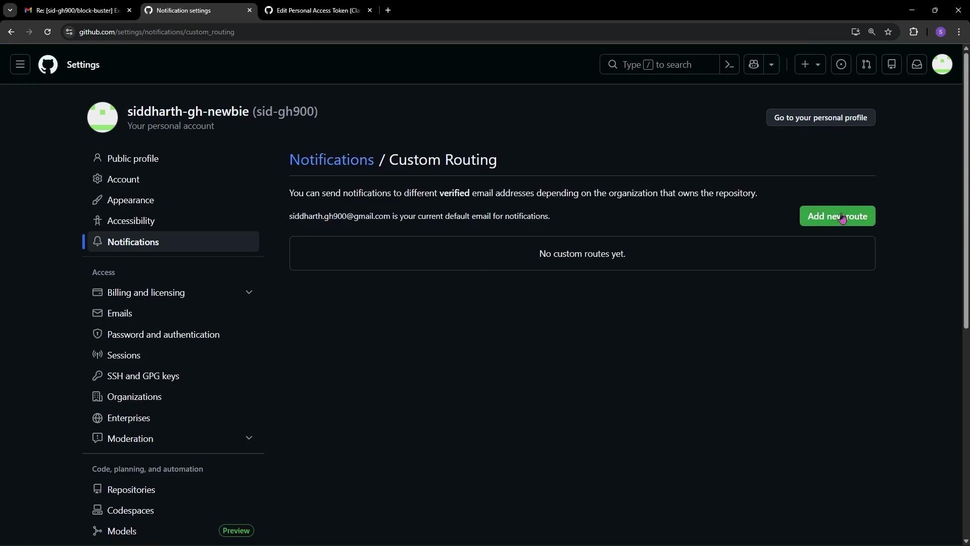 The image shows a GitHub settings page for notifications, specifically the custom routing section, with options to add new routes and manage email notifications.