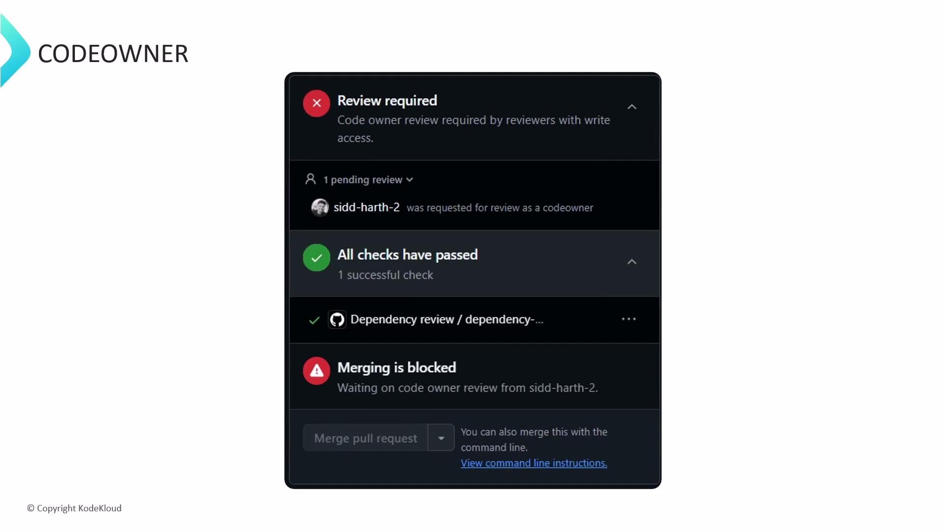 The image shows a software development interface where a code review is required. One pending review blocks merging, despite all checks having passed.