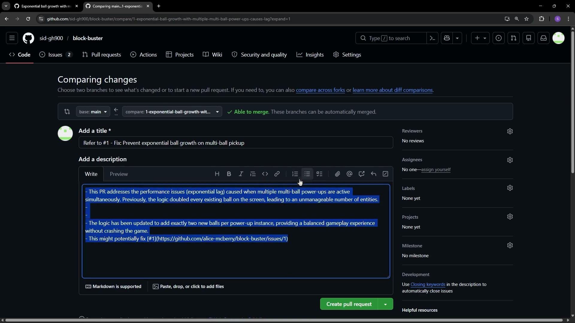 The image shows a GitHub pull request interface with a comparison of changes between branches. The user is addressing performance issues related to multi-ball power-ups in a game.