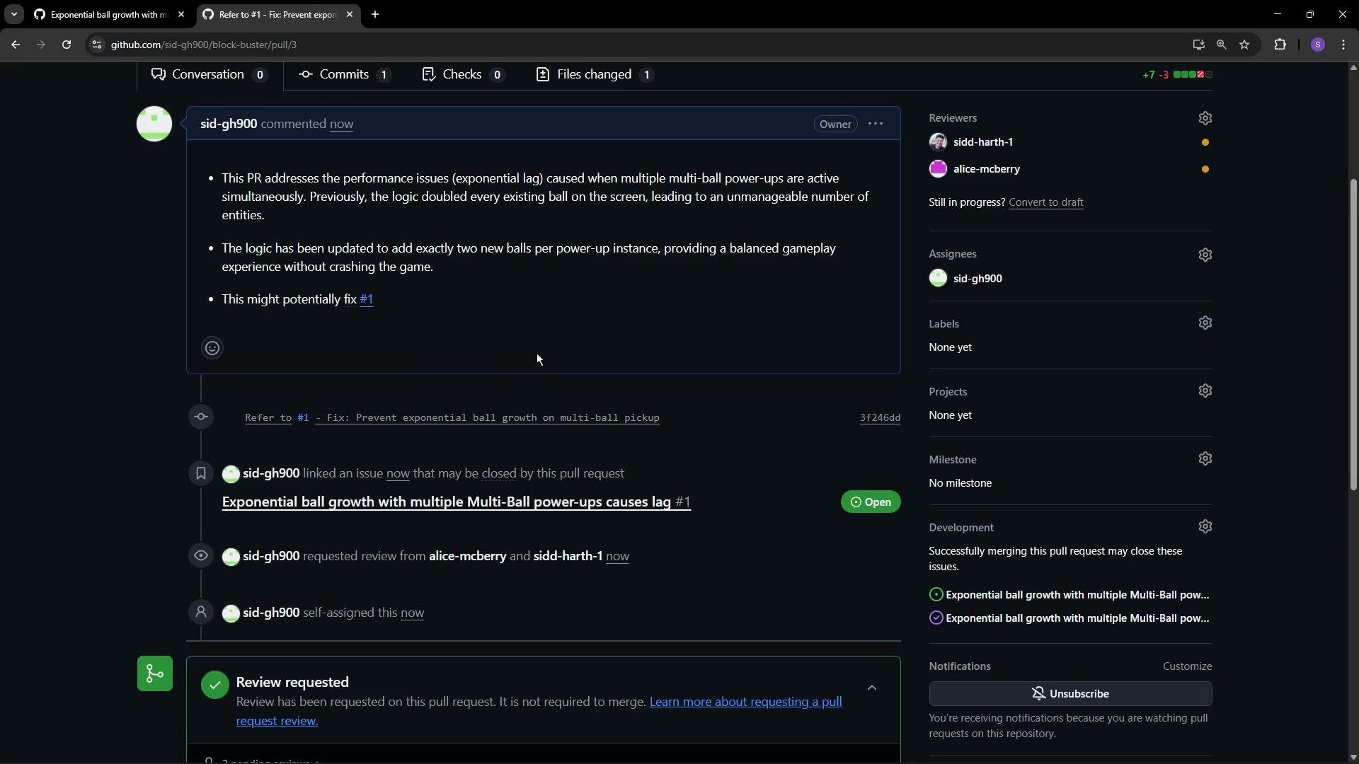 The image shows a GitHub pull request page discussing a fix for a performance issue related to exponential lag caused by multiple multi-ball power-ups. The pull request aims to update the logic for balanced gameplay.