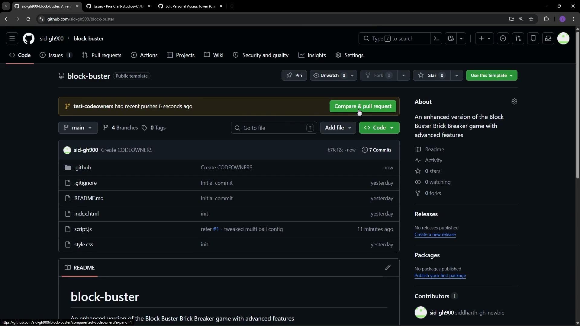 The image shows a GitHub repository page for a project called "block-buster," which is an enhanced version of a Brick Breaker game. It includes files like .gitignore, README.md, index.html, script.js, and style.css.