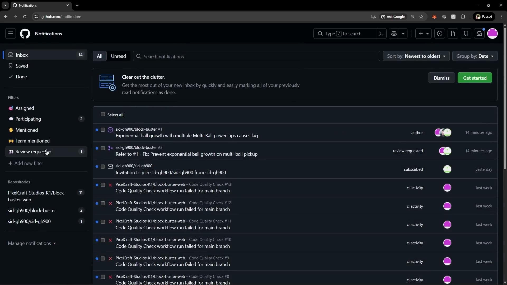 This image shows a GitHub notifications page with a list of updates related to pull requests and code quality checks, with various filters and sorting options visible on the left side.