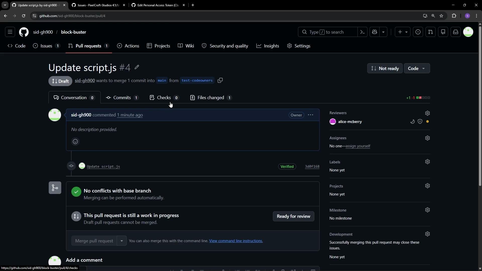 The image shows a GitHub pull request page for updating a file named "script.js." It has details about the pull request status, assignees, and reviewers, indicating it's a draft and still a work in progress.