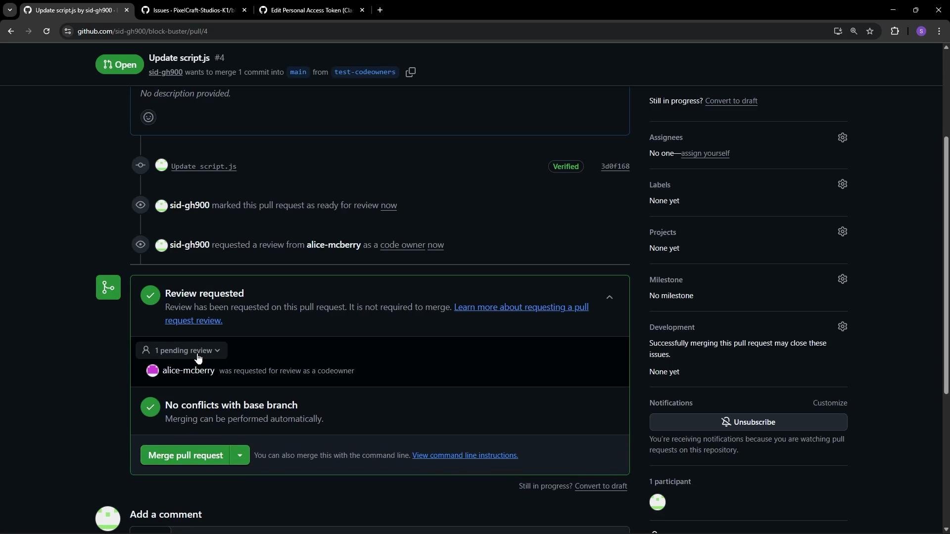 This image shows a GitHub pull request page for a script update, where a review has been requested and there are no conflicts with the base branch.