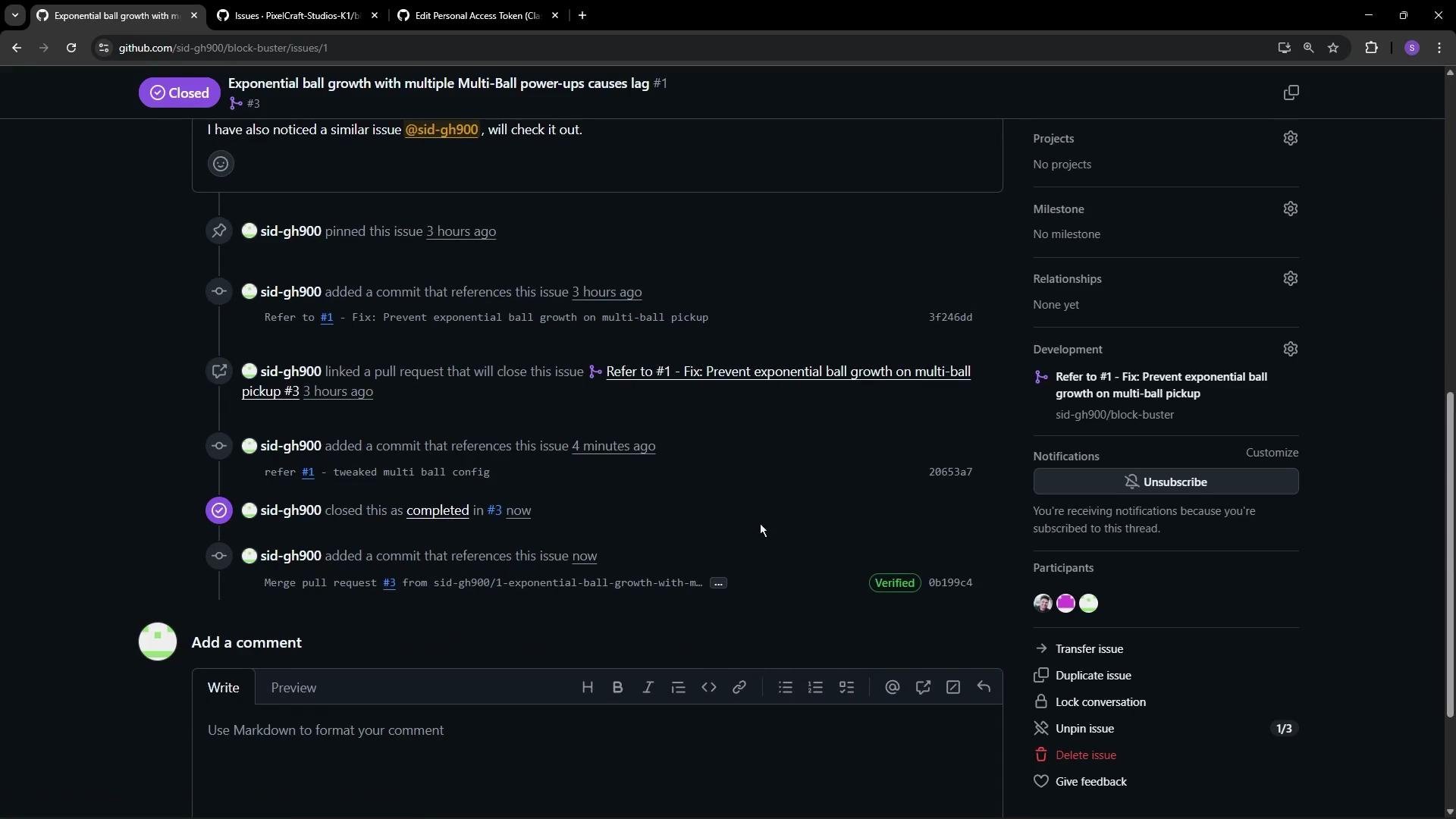 The image is a screenshot of a GitHub issue page titled "Exponential ball growth with multiple Multi-Ball power-ups causes lag," showing various comments and actions taken to address the issue, including linking a pull request and marking it as completed.