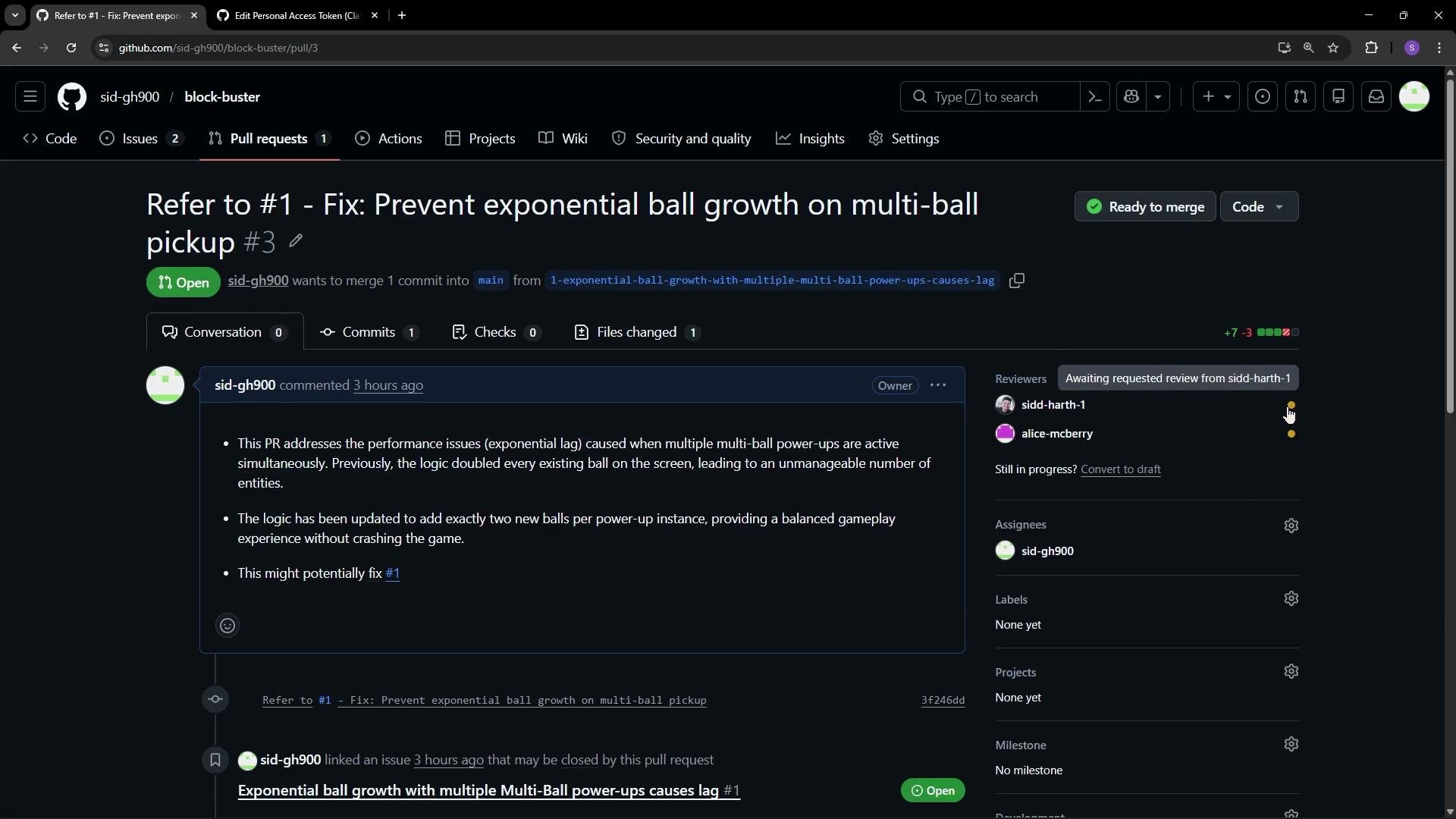 This image shows a GitHub pull request titled "Fix: Prevent exponential ball growth on multi-ball pickup," addressing performance issues with power-ups in a project. The pull request is open and awaiting review.