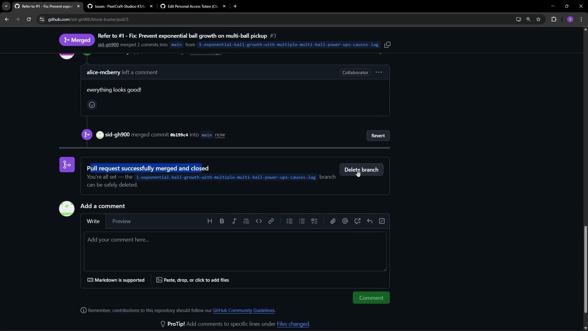 The image shows a GitHub pull request page where a pull request titled "Refer to #1 - Fix: Prevent exponential ball growth on multi-ball pickup" has been successfully merged and closed. There is an option to delete the branch, and a section to add comments.