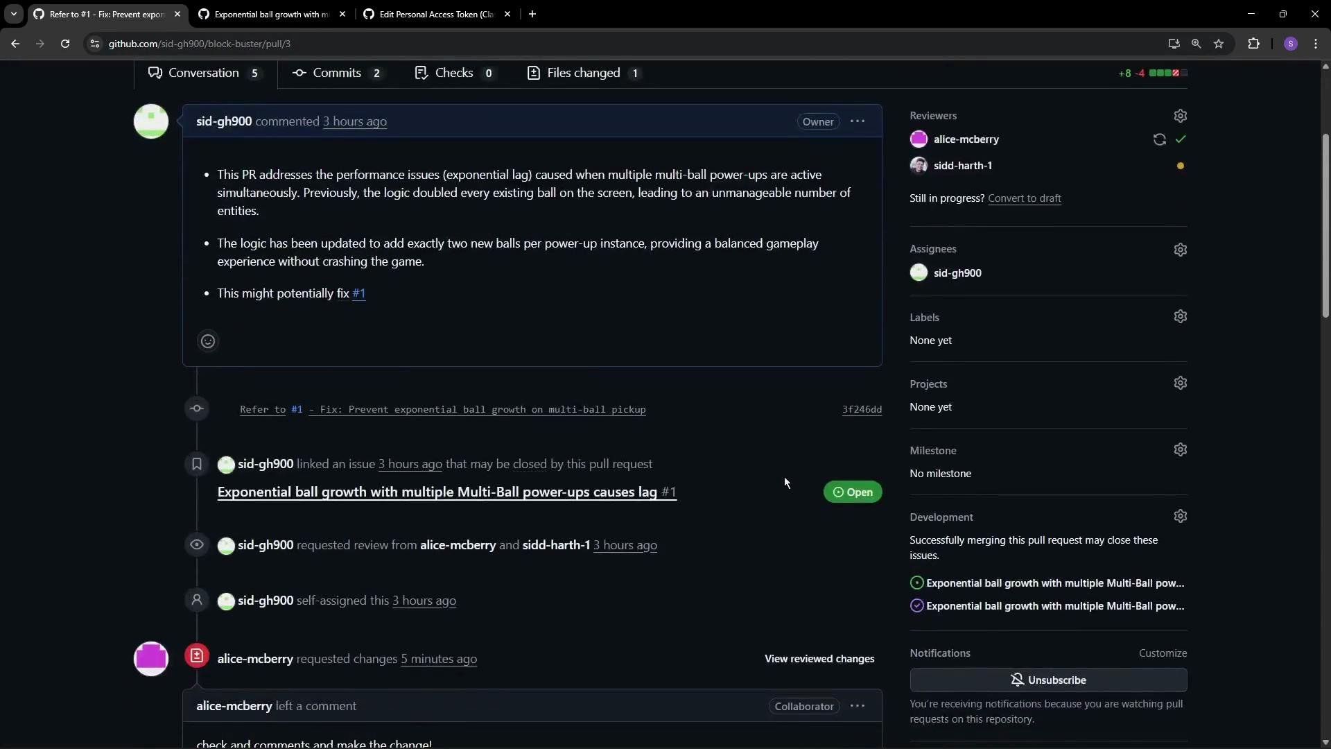 The image shows a GitHub pull request (PR) discussing fixes for performance issues due to multiple multi-ball power-ups in a game. The conversation includes comments and review requests with assigned reviewers and assignees.