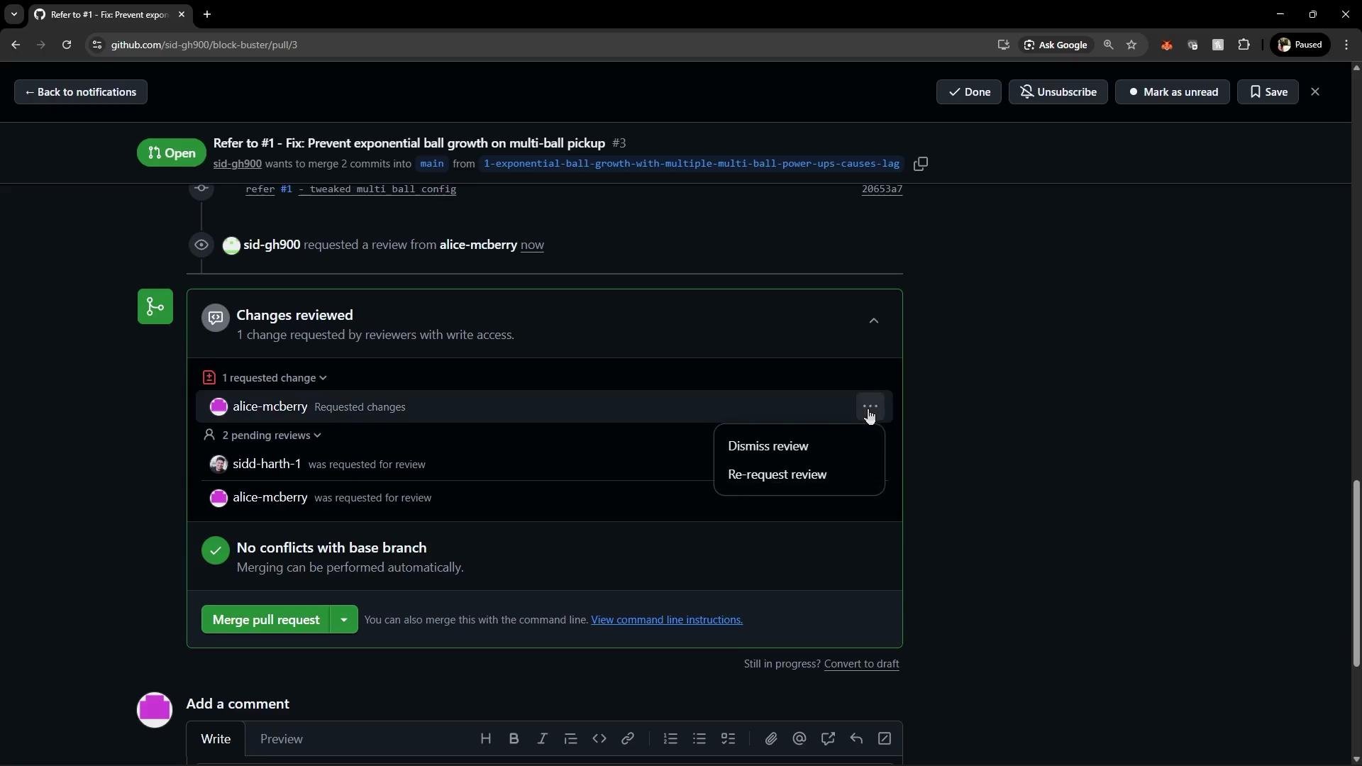 The image shows a GitHub pull request interface where a user named "sid-gh900" wants to merge commits into a main branch. There is a requested change, two pending reviews, and no conflicts with the base branch for merging.