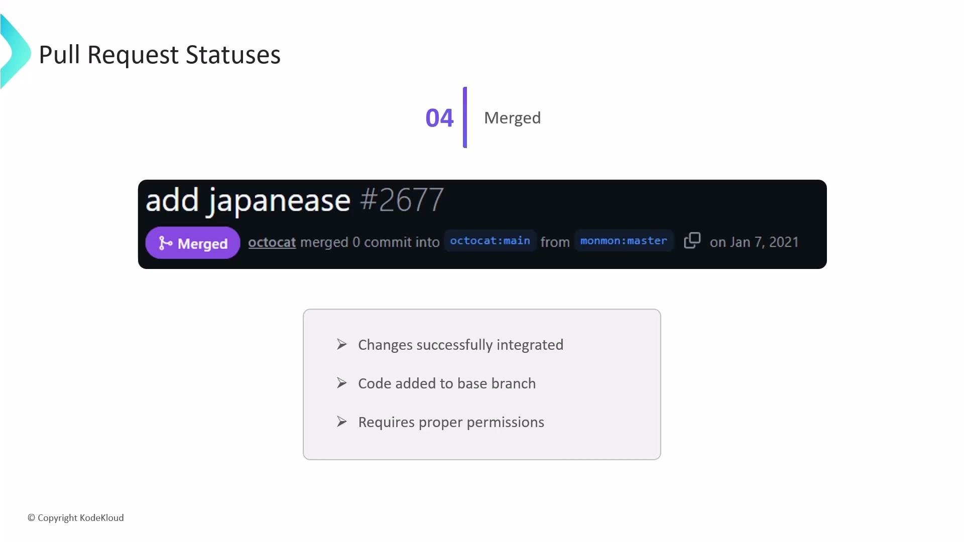 The image shows a pull request status indicating that a change titled "add japanease" has been merged, with a few notes about integration and permissions.