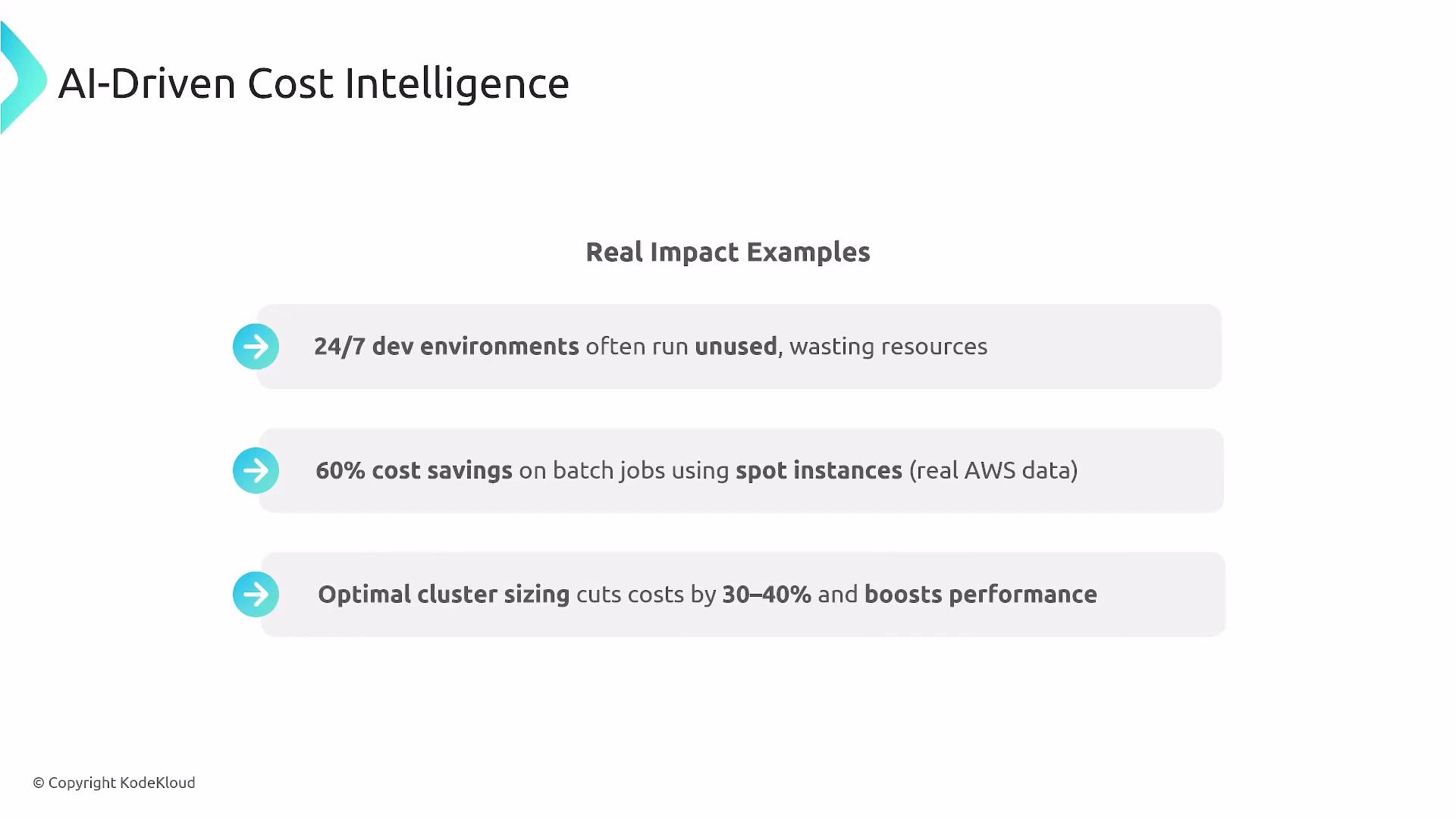 The image discusses the benefits of AI-driven cost intelligence, highlighting real-world examples such as reducing unused development environments, achieving 60% cost savings on batch jobs, and optimizing cluster sizing for cost efficiency and performance.