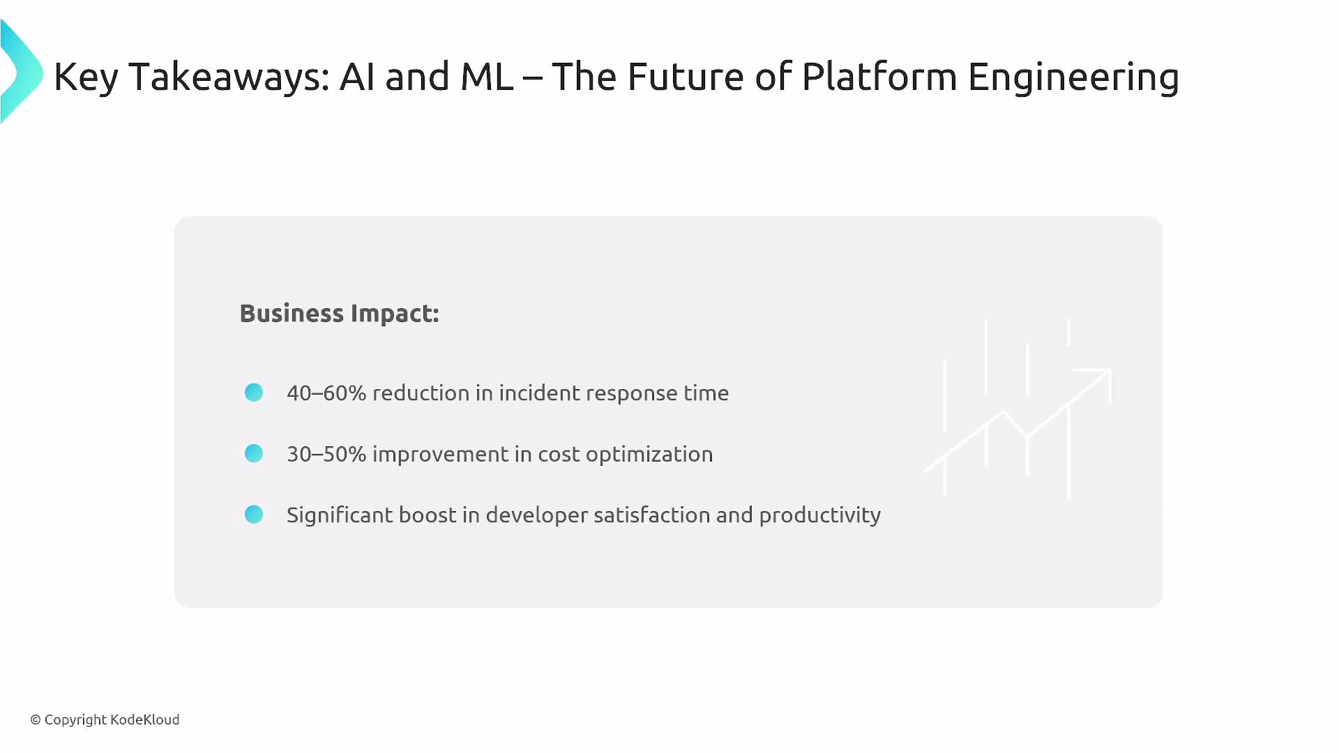 The image outlines the business impact of AI and ML in platform engineering, highlighting a reduction in incident response time, improvement in cost optimization, and a boost in developer satisfaction and productivity.