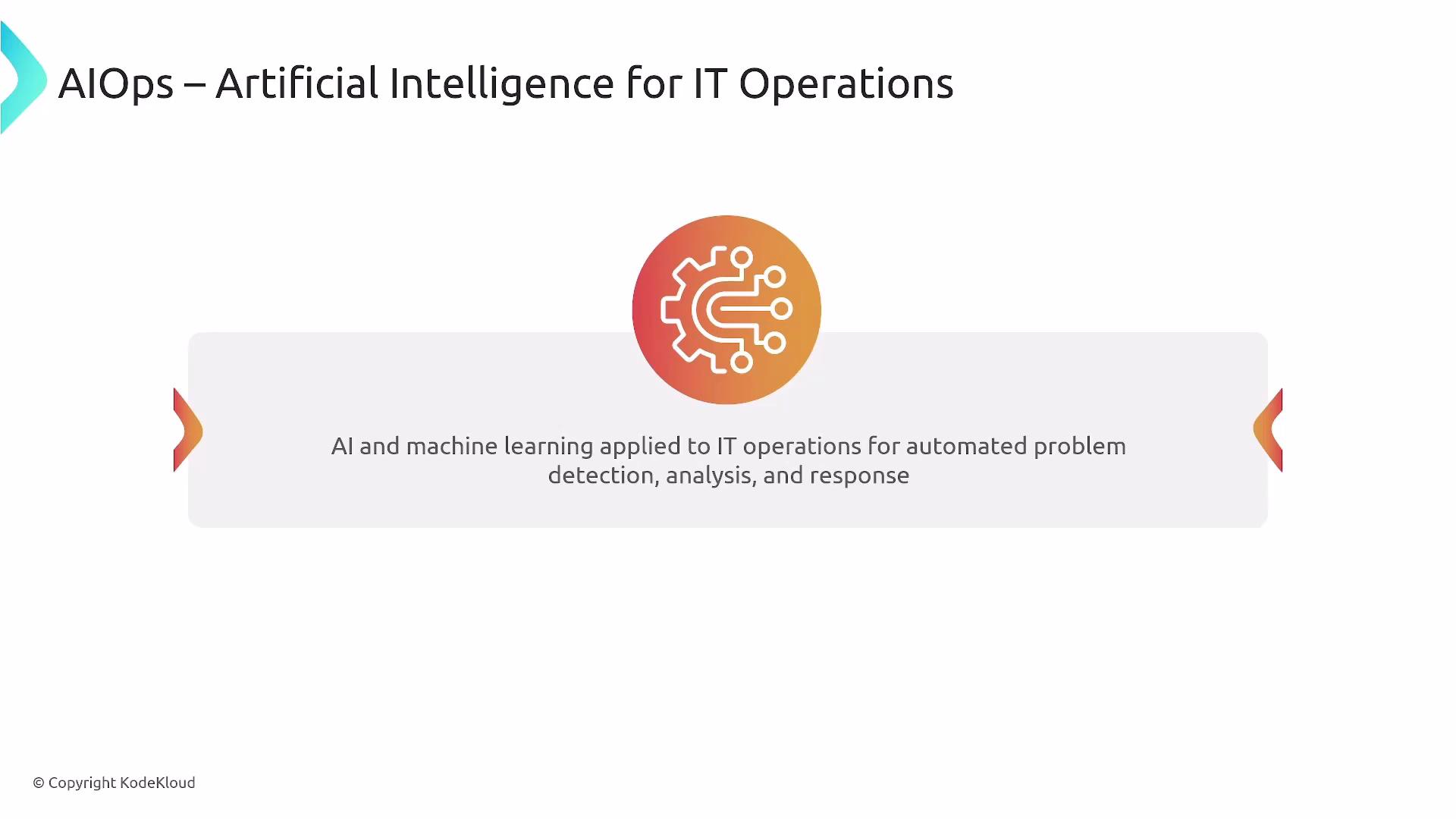 The image is about AIOps, which stands for Artificial Intelligence for IT Operations, and it describes the application of AI and machine learning in automating problem detection, analysis, and response in IT operations.