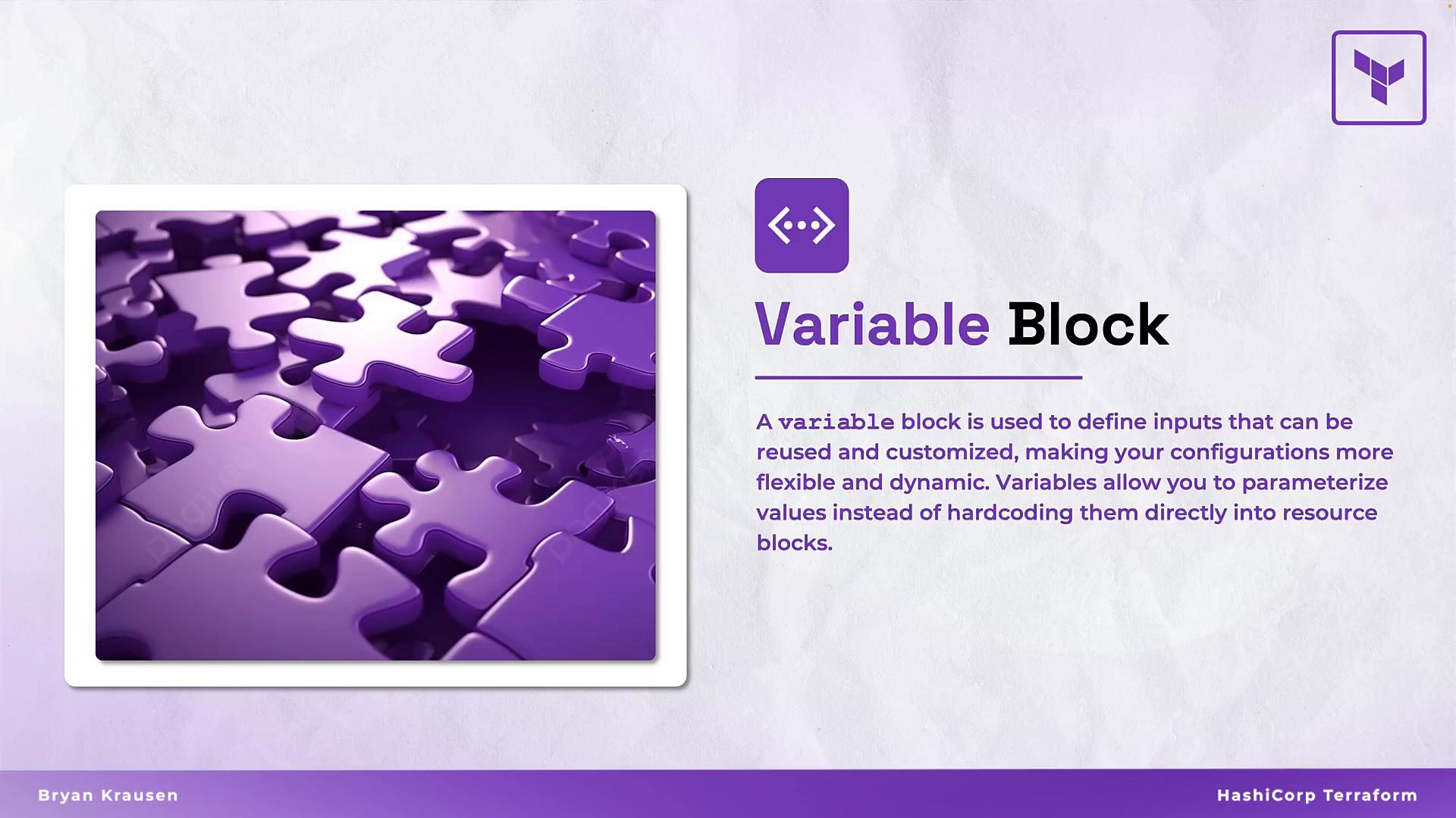 A presentation slide titled "Variable Block" with a photo of glossy purple jigsaw puzzle pieces on the left. The right side explains that variable blocks let you parameterize inputs to make configurations reusable and avoid hardcoding values.
