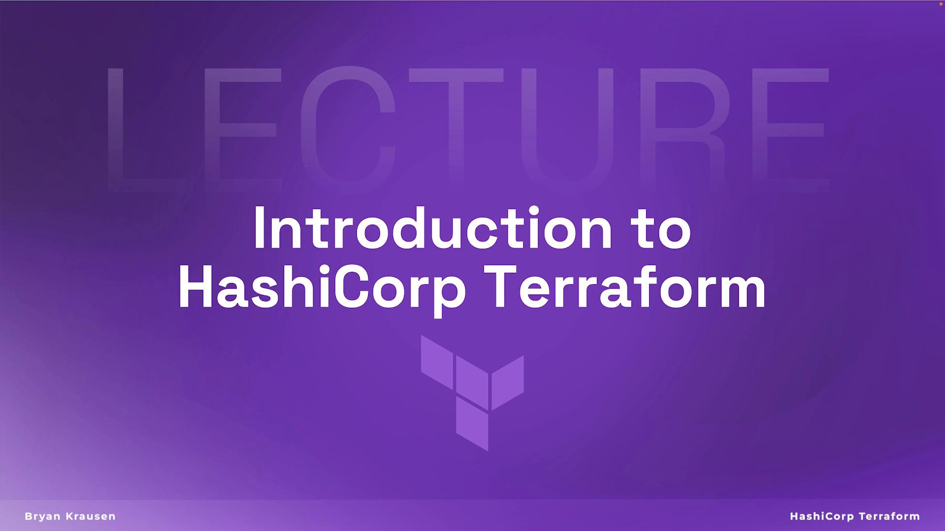 A purple presentation slide titled "Introduction to HashiCorp Terraform" with the Terraform logo centered. A small author name and footer text appear along the bottom.