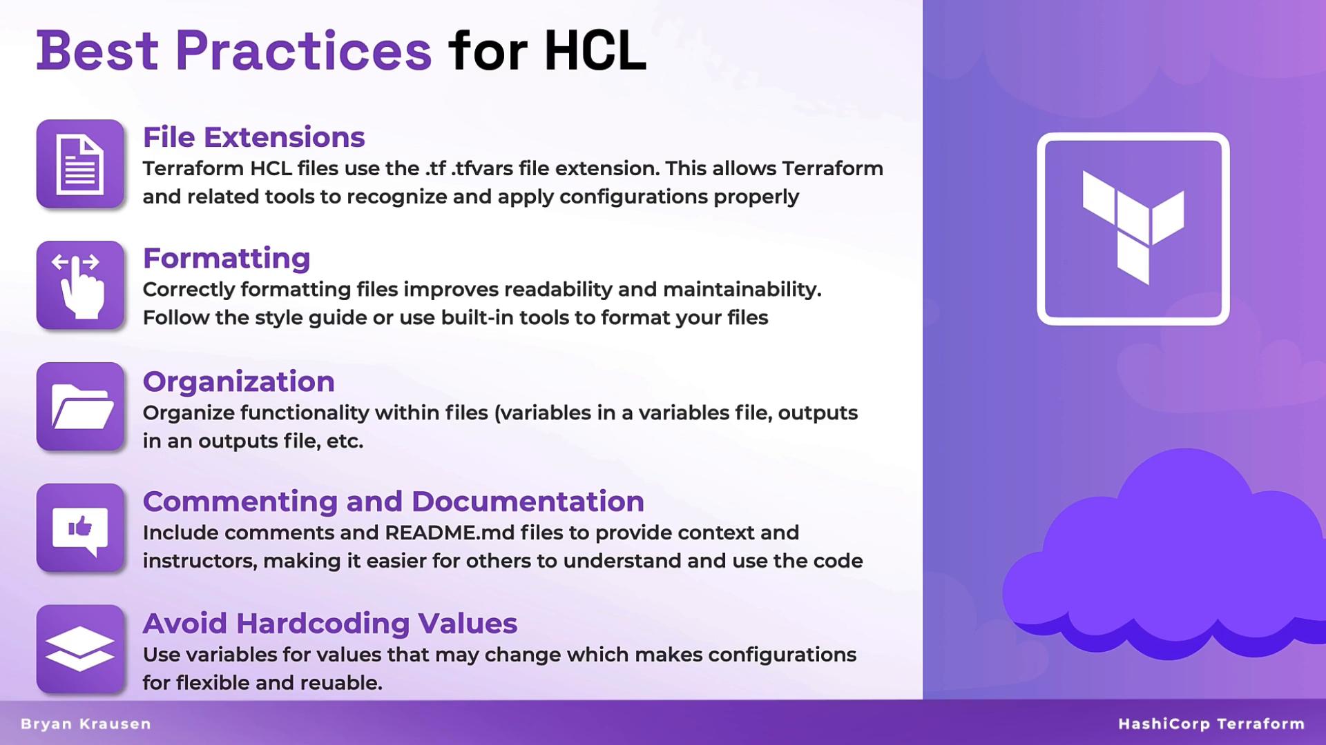 A purple-themed infographic titled "Best Practices for HCL" listing guidelines like File Extensions, Formatting, Organization, Commenting and Documentation, and Avoid Hardcoding Values with accompanying icons. The right side features the Terraform logo and cloud graphics.