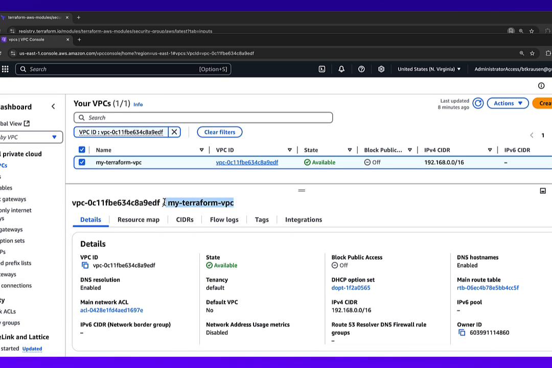 A screenshot of the AWS VPC console showing a VPC named "my-terraform-vpc" (VPC ID vpc-0c11fbe634c8a9edf) in state "Available" with IPv4 CIDR 192.168.0.0/16. The details pane shows DNS resolution enabled, Block Public Access off, and links to the route table and DHCP option set.