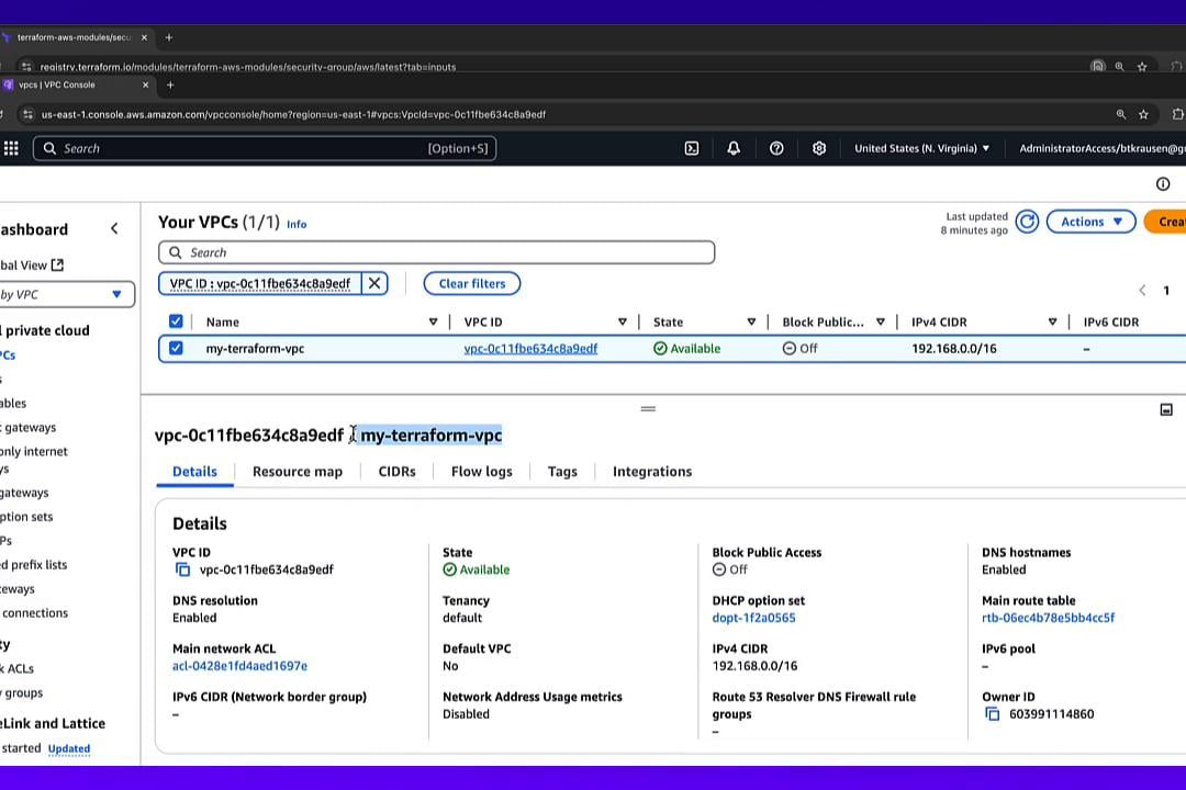 A screenshot of the AWS VPC console showing a VPC named "my-terraform-vpc" (VPC ID vpc-0c11fbe634c8a9edf) in state "Available" with IPv4 CIDR 192.168.0.0/16. The details pane shows DNS resolution enabled, Block Public Access off, and links to the route table and DHCP option set.