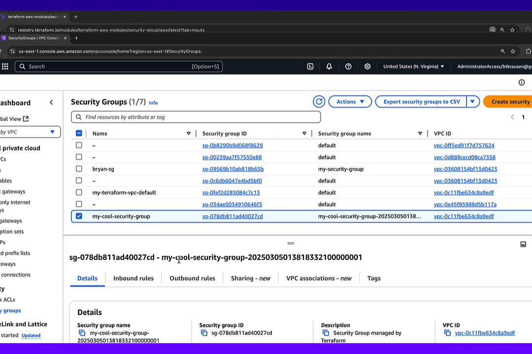 A screenshot of the AWS VPC Security Groups page showing a list of security groups, with "my-cool-security-group" selected. The lower pane shows details (ID, name, description and VPC association), and browser tabs referencing Terraform modules are visible at the top.