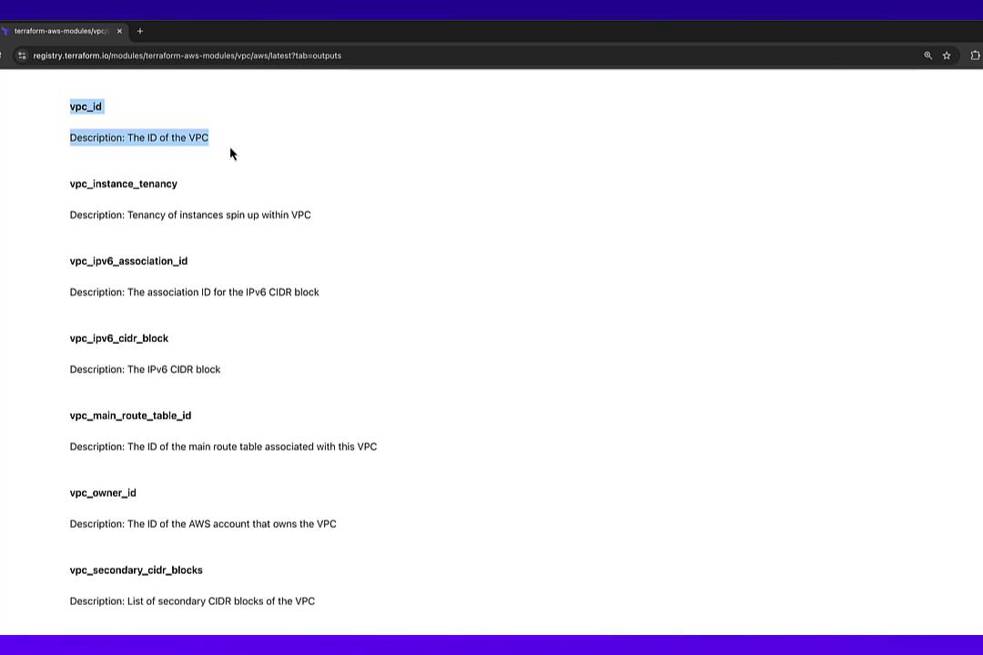 Screenshot of a Terraform Registry page listing outputs for the terraform-aws-vpc module, showing output names like vpc_id, vpc_instance_tenancy, vpc_ipv6_cidr_block, vpc_main_route_table_id, and descriptions for each. The vpc_id entry is highlighted on the left.