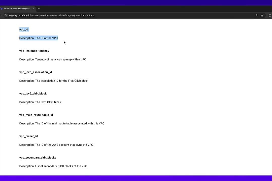 Screenshot of a Terraform Registry page listing outputs for the terraform-aws-vpc module, showing output names like vpc_id, vpc_instance_tenancy, vpc_ipv6_cidr_block, vpc_main_route_table_id, and descriptions for each. The vpc_id entry is highlighted on the left.