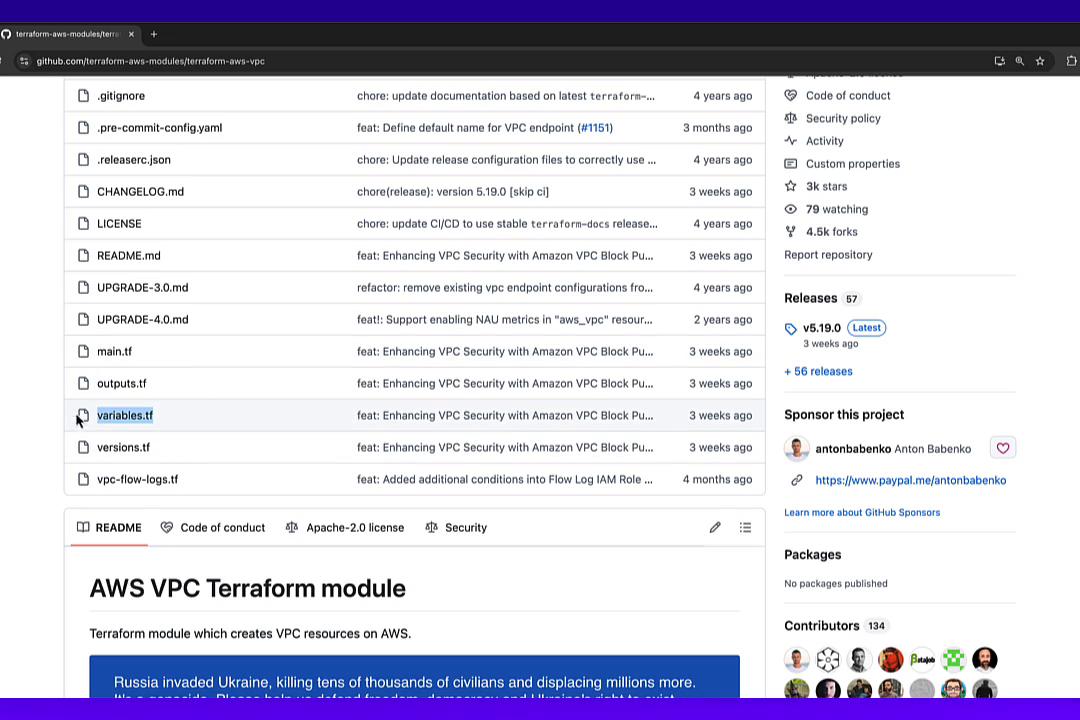 A screenshot of a GitHub repository page for the terraform-aws-modules/terraform-aws-vpc project, showing a file list with variables.tf highlighted. The lower part shows the README header "AWS VPC Terraform module" and some repository metadata on the right.