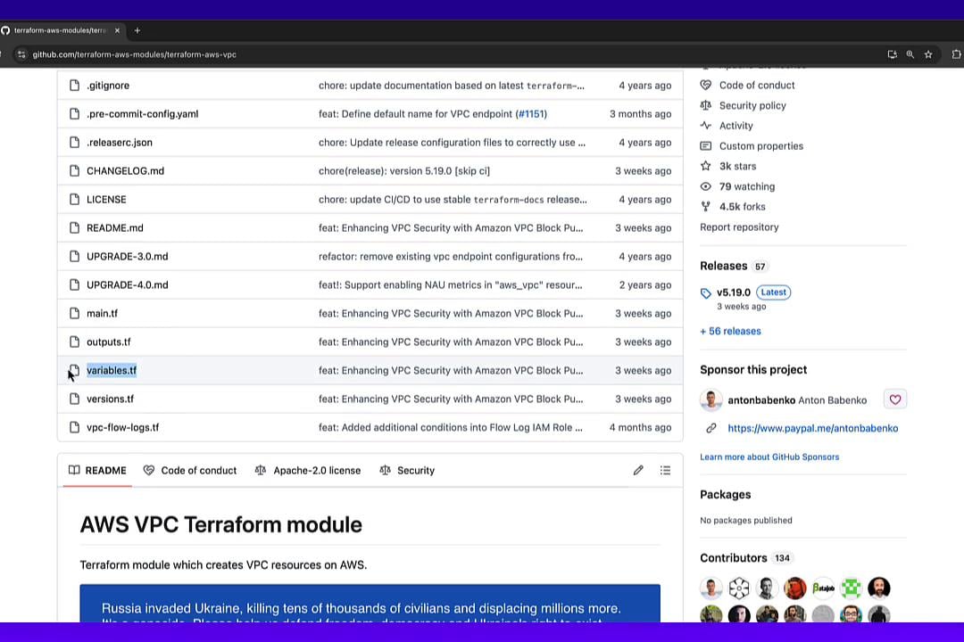 A screenshot of a GitHub repository page for the terraform-aws-modules/terraform-aws-vpc project, showing a file list with variables.tf highlighted. The lower part shows the README header "AWS VPC Terraform module" and some repository metadata on the right.